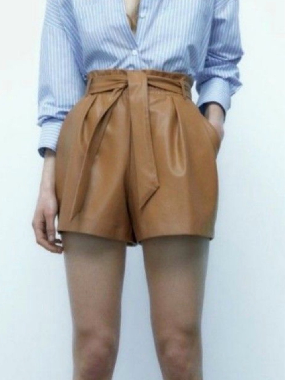 Zara Paperbag Waist Tie-Belt vegan Leather Shorts Camel/Tan high waisted size S